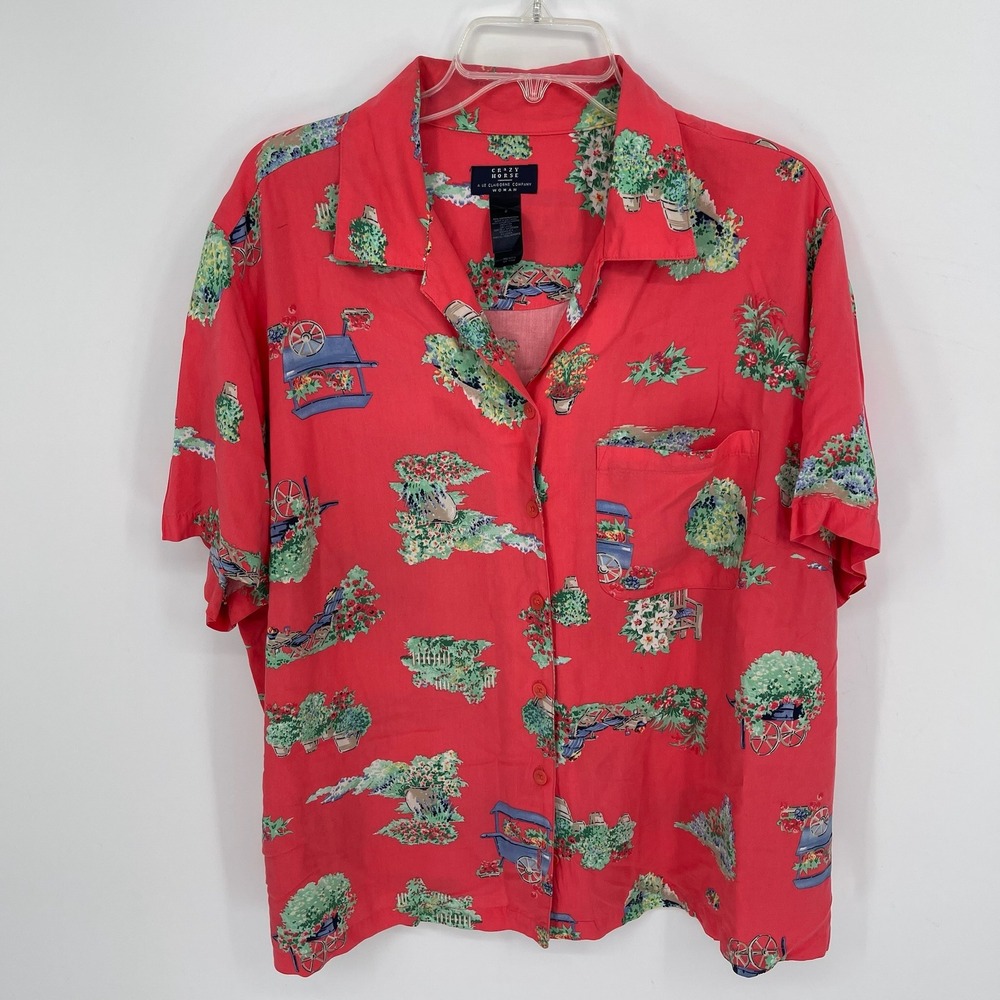 Crazy Horse Women's Red Garden Scene Print Button Front Shirt Size 2X